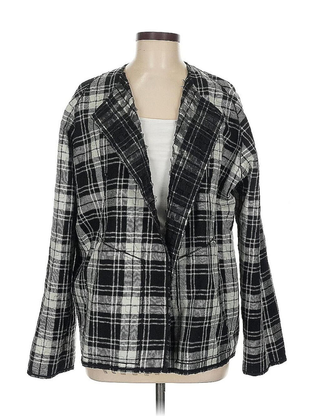 Shamask Medium $495 Black White Plaid Reversible Wool Blend Open Front Blazer